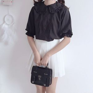 Vintage Witte Pop Kraag Effen Shirt Korte Mouw Vrouwen Zwarte Gothic Lolita Victoriaanse Casual Koreaanse Blouse Tops Streetwear Meisje