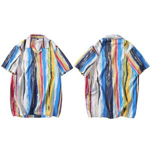 Mannen Hawaiian Shirt Schilderen Regenboog Streep Hip Hop Shirt Streetwear Harajuku Strand Overhemd Hiphop Shirts Zomer Korte Mouw