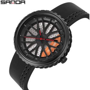 Sanda Mode Mannen Quartz Horloges Casual Steel Grid Waterdicht Horloges 3D Auto Wiel Model Wijzerplaat Mannen Klok Relogio Masculino