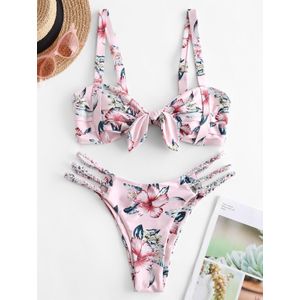 Zaful Plant Print Gevlochten Strappy Plisse Bikini Badpak