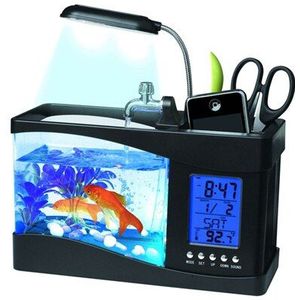 Usb Desktop Mini Aquarium Aquarium Glas Lcd Timer Klok Led Lamp Licht Led Aquarium Fish Tank Wekker Zwart/Wit