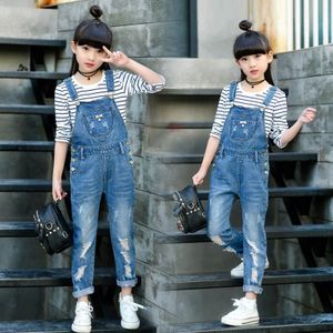 Lente Kinderen Girsl Gat Gescheurde Jeans Broek Kinderen Denim Bib Jumpsuit Overall Broek Tiener Meisjes Loose Casual Leggings Q82