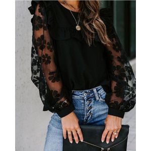 Vrouw Elegante Mesh Patchwork Blouse Lange Mouwen Blouse Zwart Kant Transparante Bloem Lantaarn Mouw Trui Streetwear Shirts