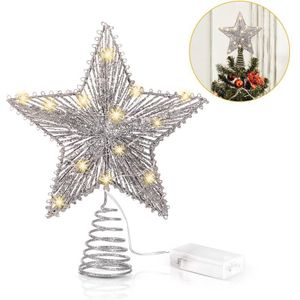 20X24 Cm Kerstboom Topper Star Met String Lights Voor Kerstmis Thuis Party Decoratie Vijfpuntige Ster (Zilver)