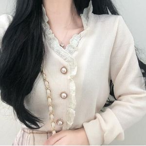 Herfst Winter Womens Tops En Blouses Lange Mouwen V-hals Lace Trim Single Breasted Koreaanse Chic Dames Blusas Vintage Vestidos