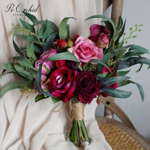 Peorchid Oranje Bordeaux Rozen Bruiloft Boeket Voor De Bruid Kunstmatige Bruidsmeisje Bloemen Accessoires Bridal Bloem Boeket