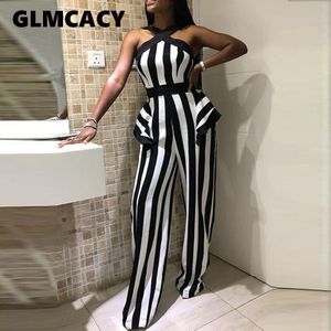 Vrouwen Streep Gedrukt Halter Wijde Pijpen Bodycon Jumpsuits Casual Mouwloze Hoge Taille Slim Fit Office Lady Night Club Jumpsuits