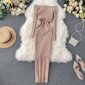 YuooMuoo Sexy Cross V-hals Knit Lange Jurk Vrouwen Herfst Winter Off Shoulder Lange Mouwen Bodycon Party Dress Dames Office jurk