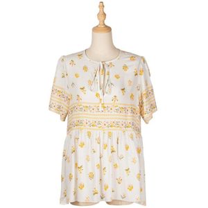 Benuynffy Tie Hals Korte Mouw Bloemenprint Zomer Tops Voor Vrouwen Boho Casual Geplooide Shirts Vrouwelijke Losse Blouses