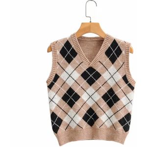 Preppy Stijl Geometrische Plaid Gebreide Vest Trui Vrouwen Herfst Winter V-hals Mouwloze Trui Vrouwelijke Jumper Tops