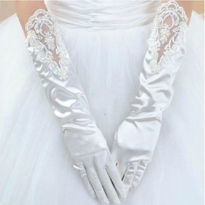 Beauty-Emily Satijn Bruiloft Accessoires Lange Bridal Handschoenen Kant Kralen Pailletten Elegante Handschoenen Voor Vrouw