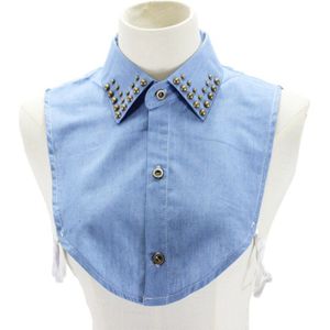 Vrouwen Vintage Studded Revers Nep Kraag Knop Punk Stijl Denim Blauw Half Shirt