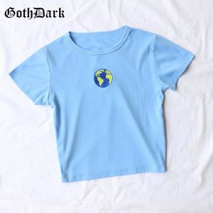 Goth Dark Esthetische Vrouwelijke T-shirt Zomer Y2k E-Meisje Aarde Grafische Borduurwerk Harajuku Leuke Crop Top Casual Skinny blauw Tee