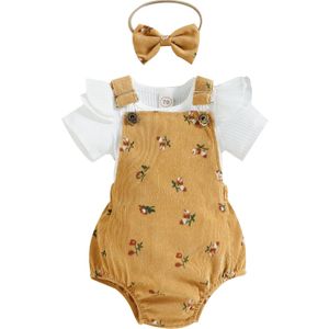 Baby Baby Meisje Zomer Kleding Effen Kleur Fly Mouwen Ronde Hals Tops + Bloem Patroon Jarretel Jumpsuit + Boog Hoofdband