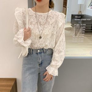 Aelegantmis Borduurwerk Koreaanse Stijl Kant Flare Mouwen O Neck Witte Blouse Vrouwen Elegante Lente Vintage Vrouwelijke Ruches Blouse Tops