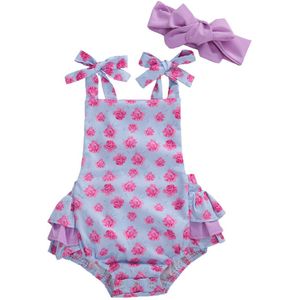 0-24M Zomer Cute Kids Baby Meisjes Jongens Bodysuits Bloemen Print Ruches Mouwen Paars Jumpsuits Hoofdband