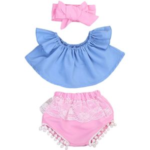 1-6Y Blauw Zwart Zoete Homerwear Sets Peuter Baby Meisjes Elastische Off Shoulder Tops Wit Bloemen Kant Insert Shorts Met Hoofdband