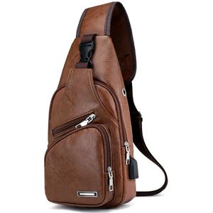 Mannen Sport Borst Zak Vintage Pu Rits Open Crossbody Tas Met Oortelefoon Gaten Casual Mode Heren Sport Bag