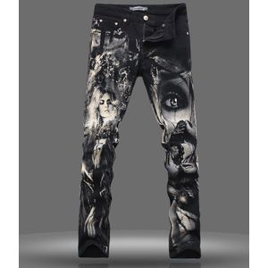 Mannen Beauty Gedrukt Jeans Mannen Skinny 3D Patroon Gekleurde Tekening Paiting Hoge Stretch Denim Broek Nachtclubs Zangers Broek