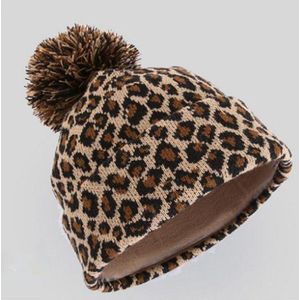 1 Pc Winter Luipaard Gedrukt Warme Muts Outdoor Verdikking Bergbeklimmen Koude Cap Gebreide Pompon Beanie