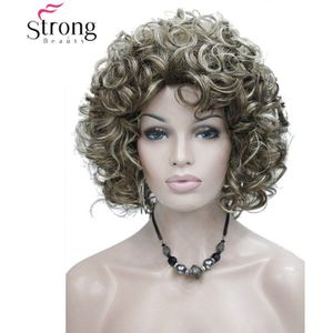 StrongBeauty Korte Stijl Krullend Capless pruik Bruin met Blonde Highlights Synthetisch Haar Pruiken voor Vrouwen KLEUR KEUZES