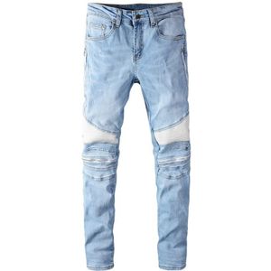Sokotoo Mannen Licht Blauw Wit Pu Lederen Patchwork Biker Jeans Mode Streetwear Slim Skinny Stretch Denim Broek