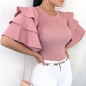 Sexy Vrouwen Multi Layer Ruffle Wide Mouwen T-shirt Casual Slim Solid Top Overhemd Zomer Streetwear