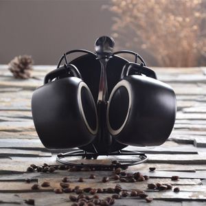 Europese Keramische Kopje Koffie Set Eenvoudige Zwarte Koffiekop Met Schotel Lepel Ijzeren Frame Voor Thuis Cafe Office Fun