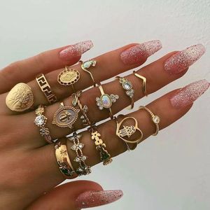 FAMSHIN 19 stks/set Retro Moon Crystal Geometry Opal Crystal Ring Set Voor Vrouwen BOHO Midi Vinger Ring Vrouwelijke Sieraden