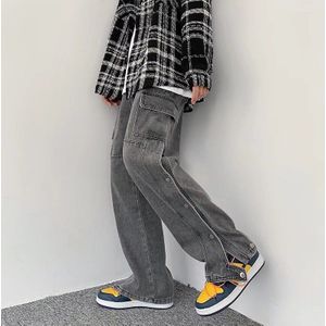 Blauw/Zwart Pocket Jeans Mannen Casual Baggy Rechte Jeans Mannen Streetwear Losse Hip Hop Cargo Denim Broek Heren broek