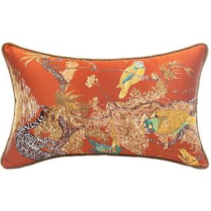 Dunxdeco Kussenhoes Decoratieve Kussensloop Vintage Chinese Stijl Dier Collectie Luipaard Papegaai Borduurwerk Oranje Coussin