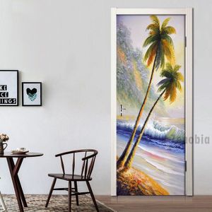 Seaside Coconut Tree Landschap Deur Sticker Diy Home Decor Decals Zelfklevende Olie Behang Deur Waterdichte Muurschildering Voor Slaapkamer