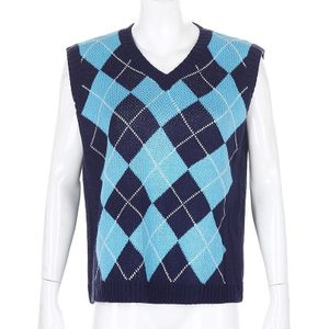 Mouwloze Casual Gebreide Argyle Trui Vest Vrouwen Preppy Stijl Herfst Winter Plaid Trui Dames Tank Jumpers Streetwear