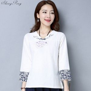 vintage chinese stijl katoen linnen shirts o hals dagelijks causale shirts blouse hanfu bloemen borduren vrouwelijke lady V1810