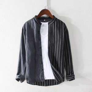 Japan Stijl Voorjaar Top Klassieke Gestreepte Shirt Linnen Comfortabele Zachte Stof Lange Mouwen Staan Kraag Casual Eenvoudige Tops