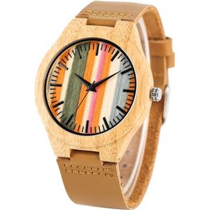 Chic Casual Bamboe Quartz Uurwerk Voor Vrouwen Mannen Praktische Lederen Bamboe Horloges Unieke Strepen Kleurrijke Case Hout Horloge