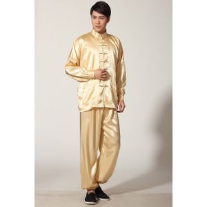 Gold Mannen Satijn Pyjama Set Chinese Stijl Knop Pyjama Pak Zachte Nachtkleding Shirt & Broek Nachtjapon