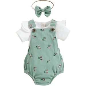 Baby Baby Meisje Zomer Kleding Effen Kleur Fly Mouwen Ronde Hals Tops + Bloem Patroon Jarretel Jumpsuit + Boog Hoofdband