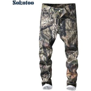 Sokotoo Mannen 3D Gedrukt Jeans Slim Fit Camouflage Gekleurde Geschilderd Denim Broek