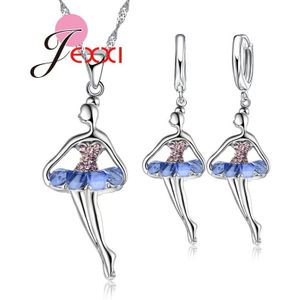 Mooie Ballet Meisje Met Kleurrijke Cubic Zirkoon Jurk 925 Sterling Zilveren Sieraden Set Ketting Oorbellen