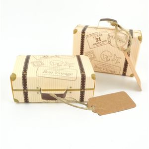 10-100 Stuks Karton Gedrukt Mini Koffer Snoep Geschenkdozen Vintage Kraftpapier Bruiloft Reizen Thema Geschenkdoos Zakken met Tags Touw