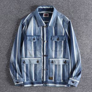 Aankomst Slanke En Trendy Werkkleding Multi Pocket Jas Gedragen Stretch Streep Denim Jas Voor Mannen Bovenkleding Jas 0476