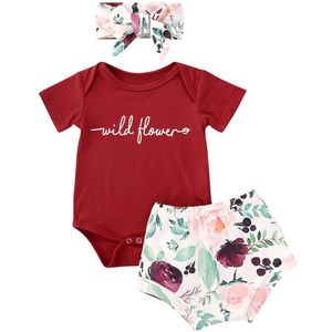 0-24M Pasgeboren Peuter Baby Meisjes Katoenen Kleding Set Brief Gedrukte Korte Mouwen Top Romper + Bloemen Shorts + Hoofdband 3Pcs Suits