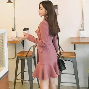 [Ewq] Zomer Stijl Koreaanse Mode Pak Kraag Lange Mouw Knop Mouw Slanke Jas Riem Mid-lengte Jurk Roze Vrouwen Q769