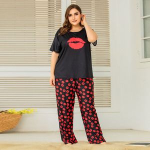 Zomer Plus Size Pyjama Voor Vrouwen Losse Mond Print T-shirt En Lange Broek Homewear Tweedelige Pakken 4XL 5XL 6XL 7XL