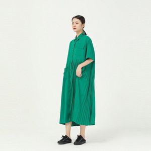 [Eam] Vrouwen Groene Geplooide Lange Big Size Shirt Jurk Revers Half Mouw Losse Fit Tij Voorjaar zomer 1W100