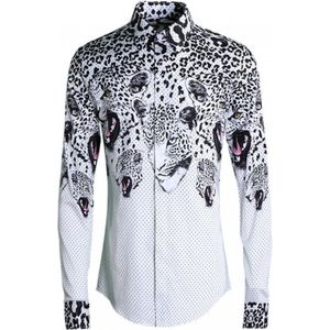 Heren Shrits Luxe 100% Katoen Polka Dot En Luipaard Hoofd Gedrukt Heren Shirts Casual Slim Fit Mannen Shirt Lange Mouw 4XL