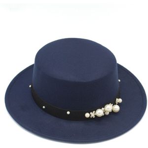 Wol Flat Top Fedora Hoeden voor Vrouwen Zwarte Brede Rand met Faux Parel Versierd Vilt Schipperhoed Cowboy caps voor Lady