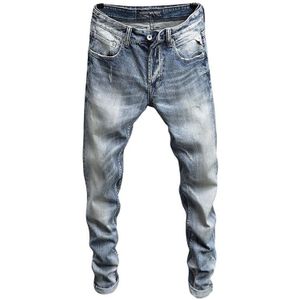 Italiaanse Stijl Mode Mannen Jeans Licht Blauw Slim Fit Denim Knoppen Broek hombre Wit Gewassen Vintage Klassieke Jeans Mannen
