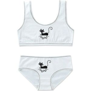 Tieners Jonge Meisjes 2 Stuks Ondergoed Set Leuke Zwarte Kat Afdrukken Brede Band Training Beha Gestreepte Vest Top En Bijpassende slipje Sport U